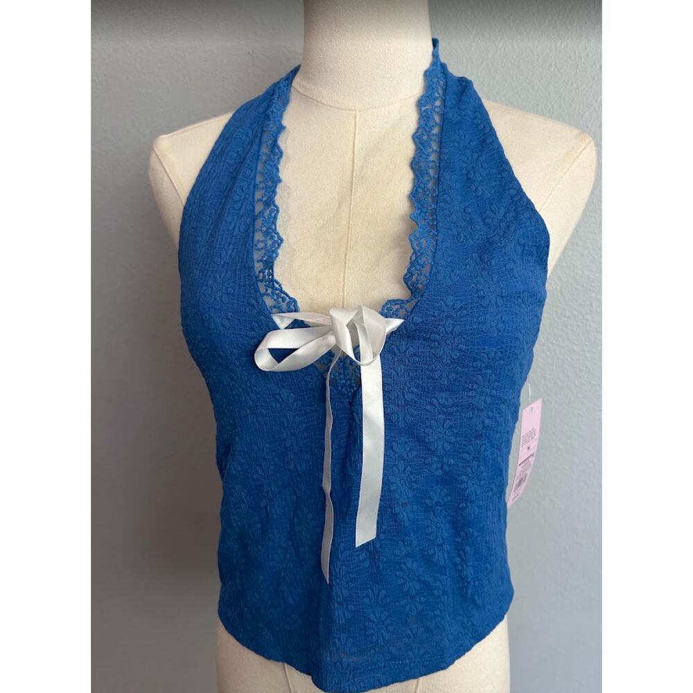 Wild Fable Blue Lace-Trim Bow Halter Top